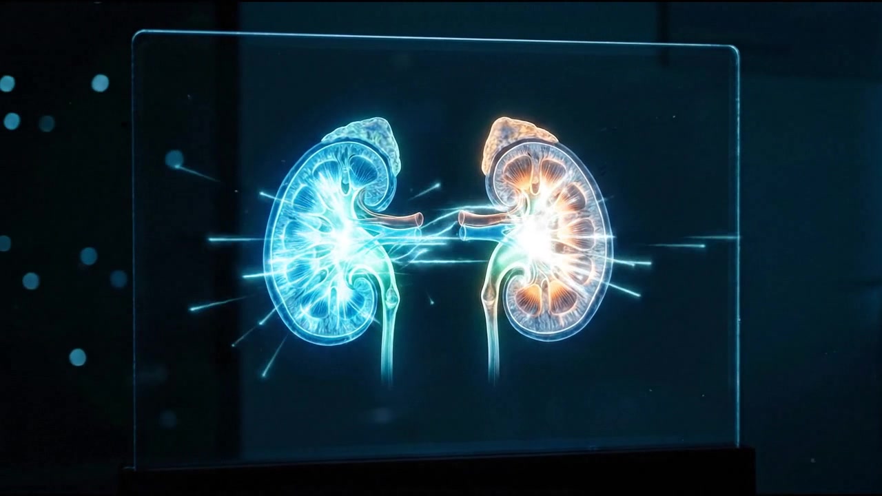 Paired kidneys with ureters displayed as blue hologram on dark medical screen