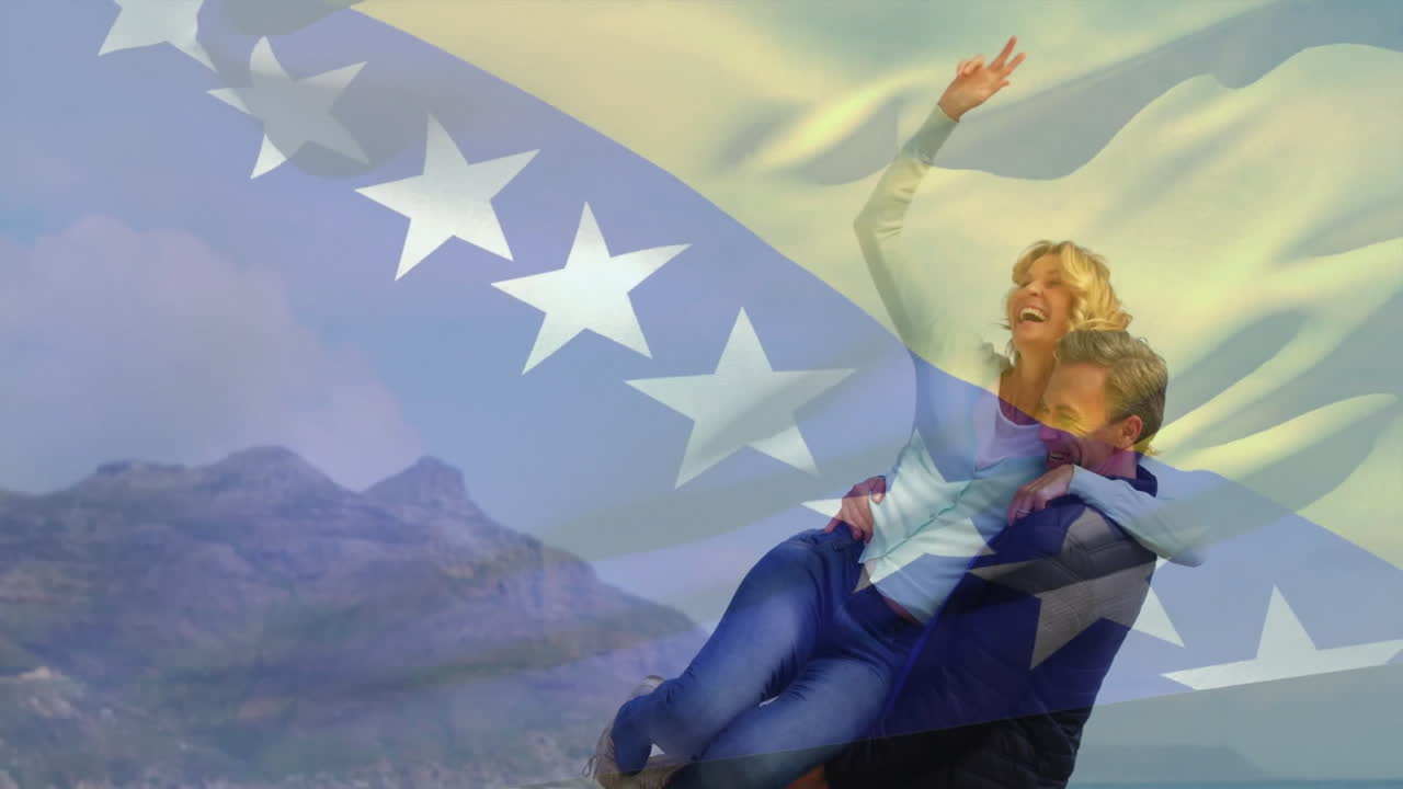 Smiling couple enjoying piggyback ride over Bosnia and Herzegovina flag animation