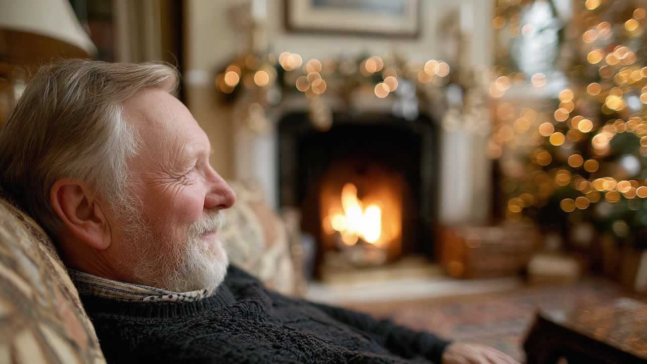 A Serene Winter Evening: An Elderly Man Enjoying the Warmth of a Cozy Fireplace Surrounded by Soft Holiday Lights and Festive Decor