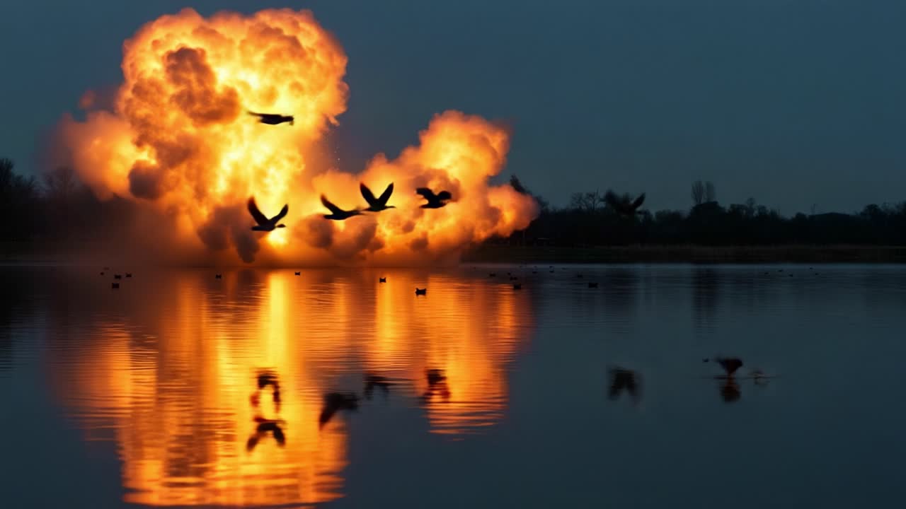 Explosive Transformation Over Water: A Captivating Scene of Fiery Eruption Reflected in Calm Waters with Birds Taking Flight Amidst the Chaos