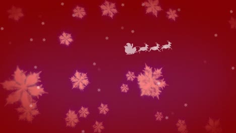 Snowflakes-floating-against-santa-claus-in-sleigh-being-pulled-by-reindeers-on-red-background