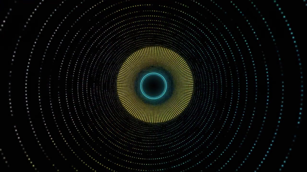 Dotted circular portal tunnel background ring cyan particle waves black depth and radial motion