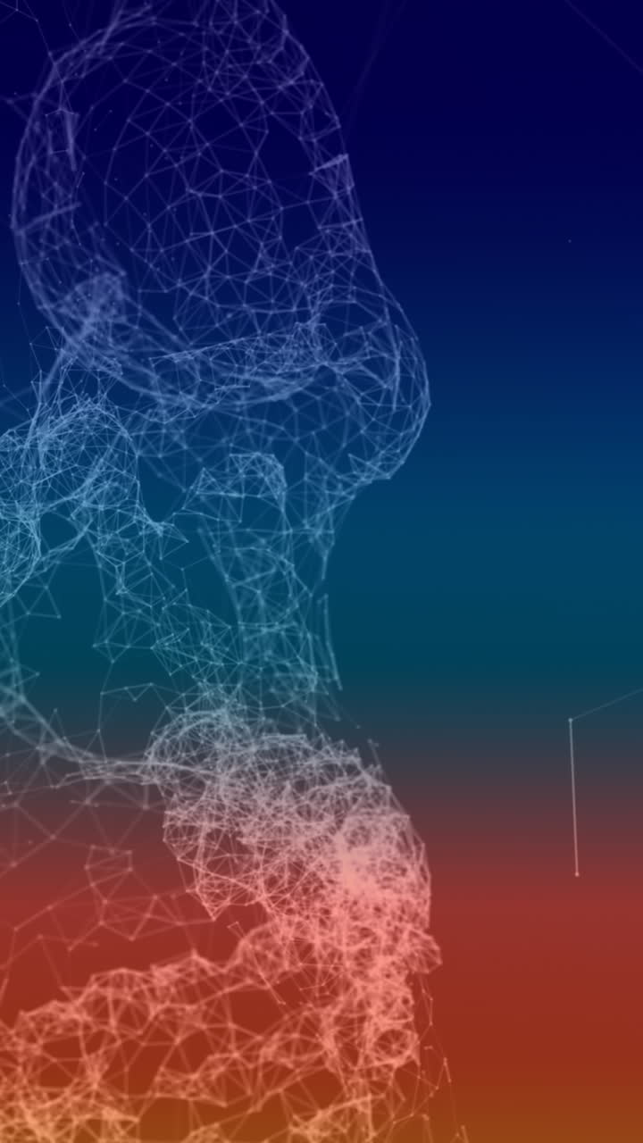 animación de cráneo humano en 3d y red de conexiones de plexo sobre fondo azul