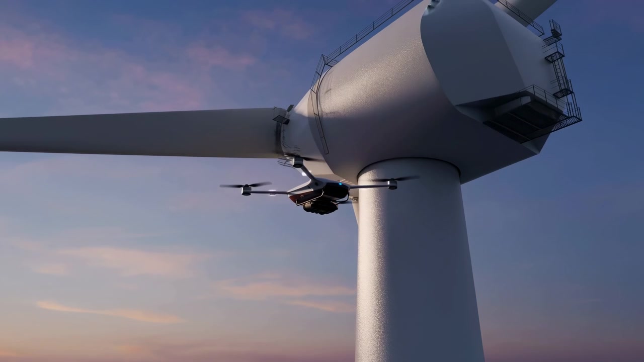 Low-angle panoramic view of quadcopter moving beside turbine nacelle and long rotor blade during dusk, showing renewable energy maintenance scene, metallic surfaces, soft sky colors, and active