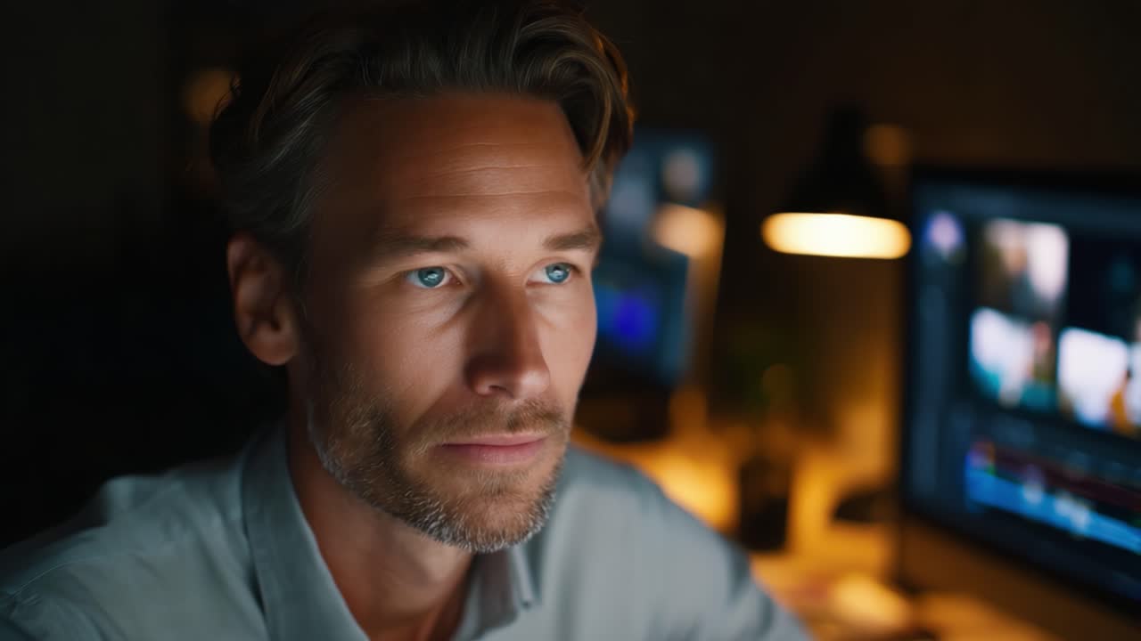 A focused man with blue eyes engaged in creative work at night, surrounded by digital screens displaying video editing projects in a dimly lit workspace