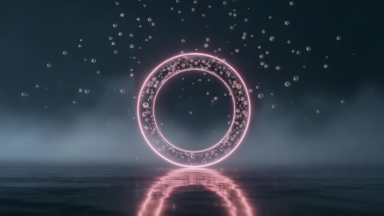 Abstract Glowing Pink Ring with Bubbles Reflected on Water