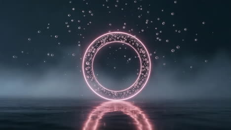 abstract glowing pink ring with bubbles reflected on water
