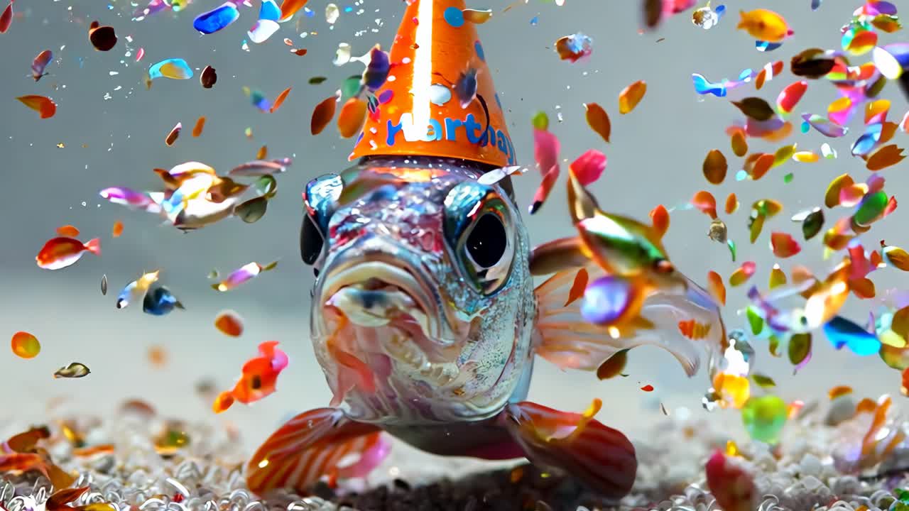 A fish wearing a party hat and a birthday card. The fish is in a tank with a lot of glitter
