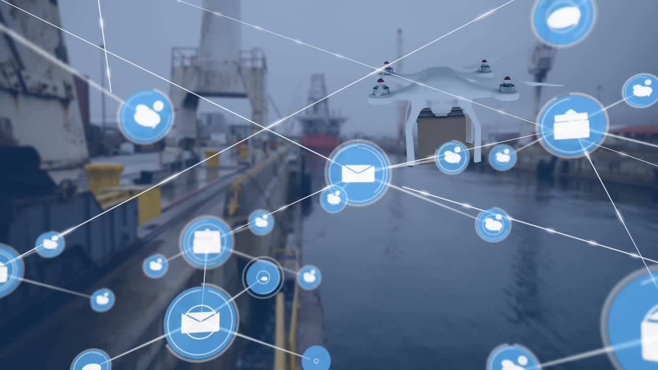 도시 풍경 위의 파일과 함께 드론을 통해 연결 네트워크의 애니메이션