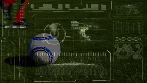animation of diverse data processing over legs of biracial male soccer player