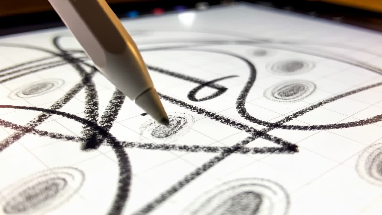 Touching tablet grid on desk, stylus tip drawing loop, textured curves, dotting, testing oval dots