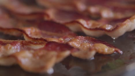 grease bubbles on strips of bacon frying on a pan