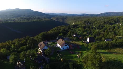 panoramic aerial drone shot of cabins in the plitvice national park central croatia