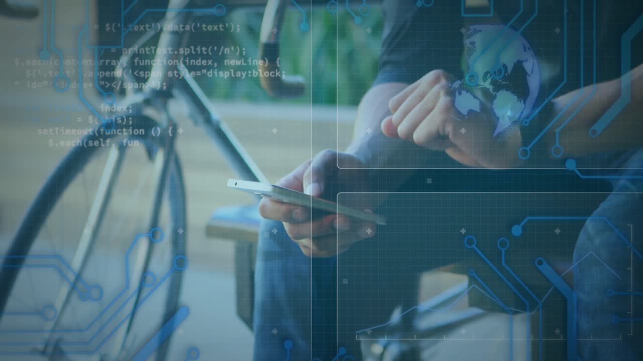 Animation of globe spinning and data processing on screens over man using smartphone and smartwatch