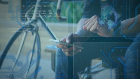 Animation-of-globe-spinning-and-data-processing-on-screens-over-man-using-smartphone-and-smartwatch