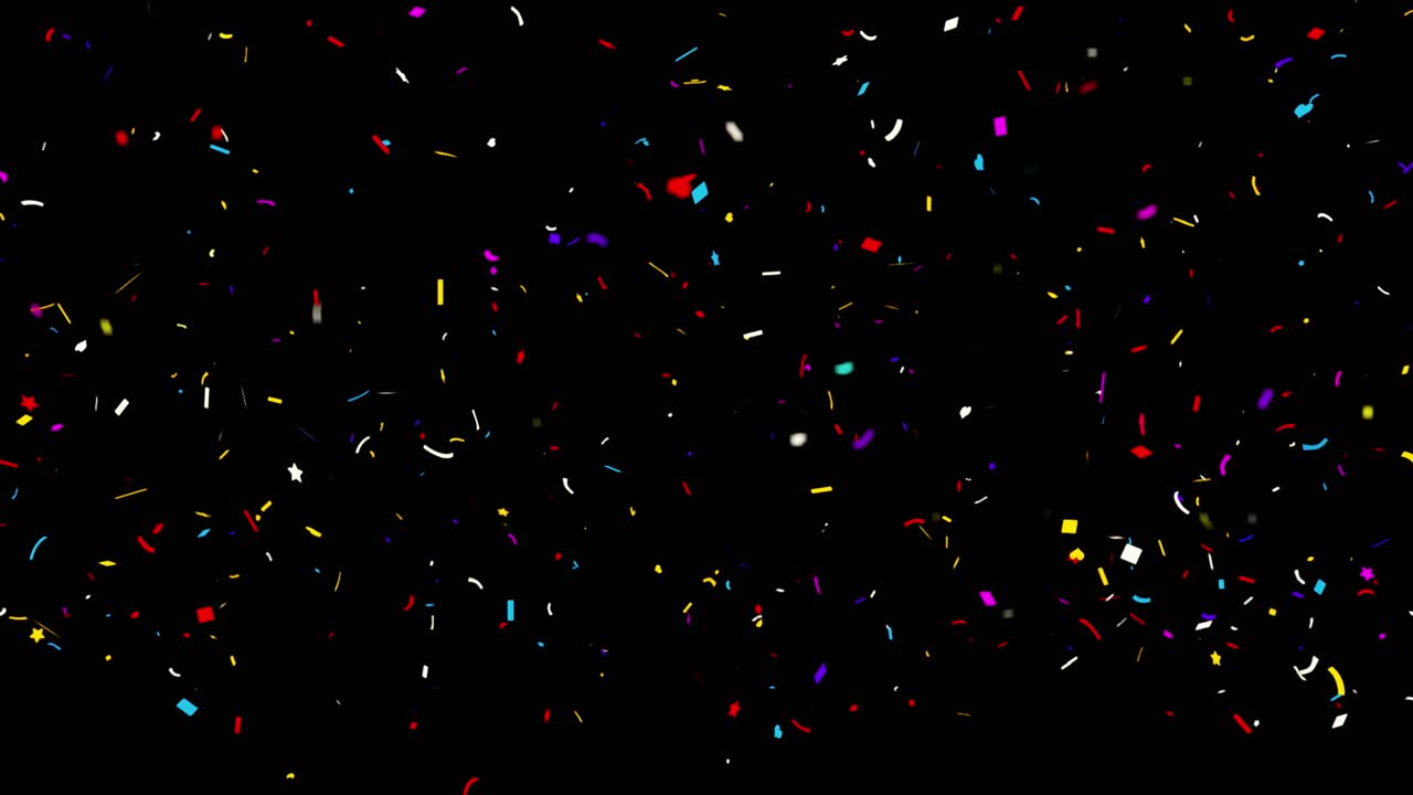 Esplosioni realistiche di coriandoli multicolore da popper, in caduta con effetto sparo, schermo verde alfa