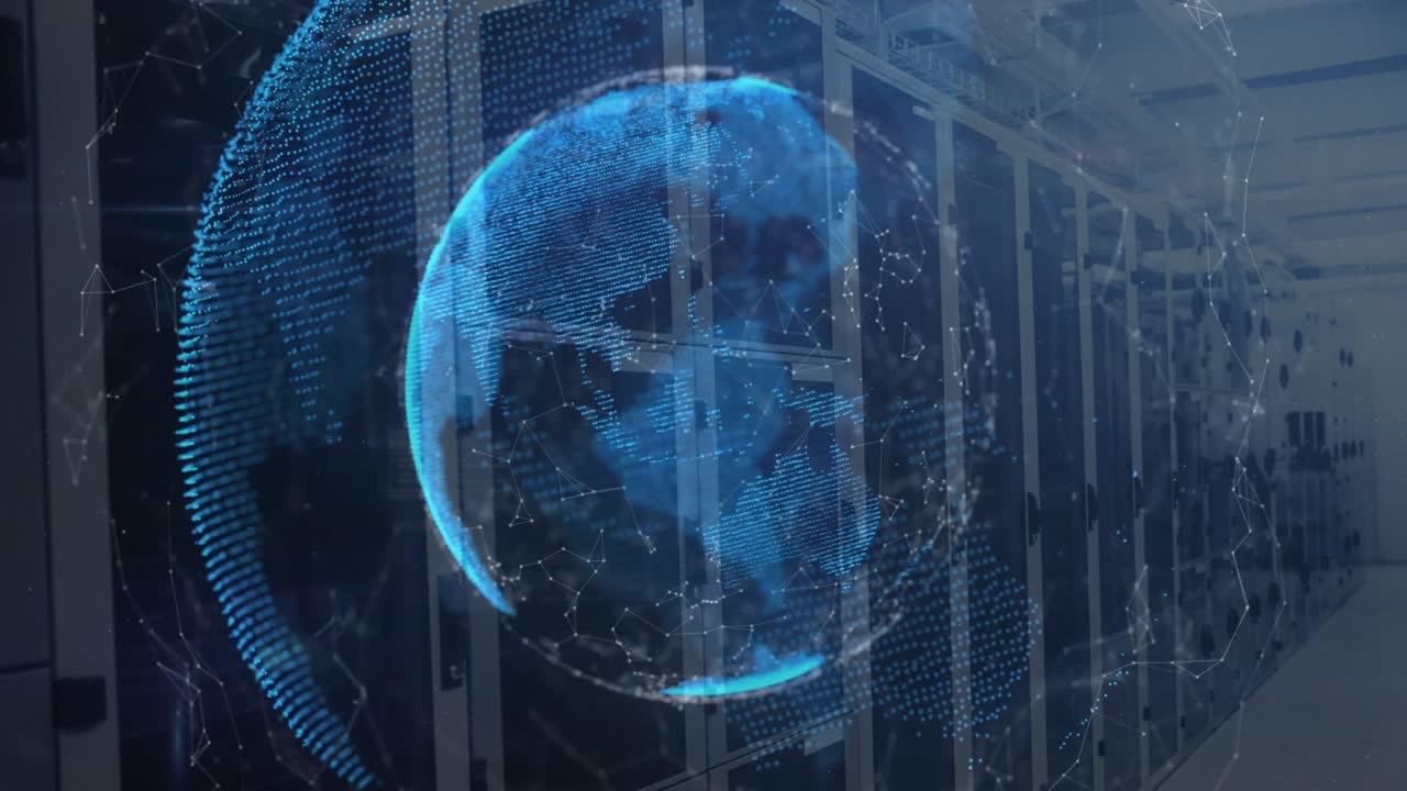 Rete che avvia server, proiettando un globo rotante, dati pulsanti e visualizzando connessioni di rete.