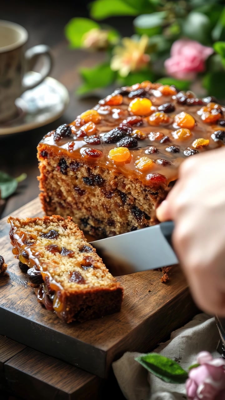 Fatiando um Bolo de Frutas Caseiro em uma Tábua de Madeira