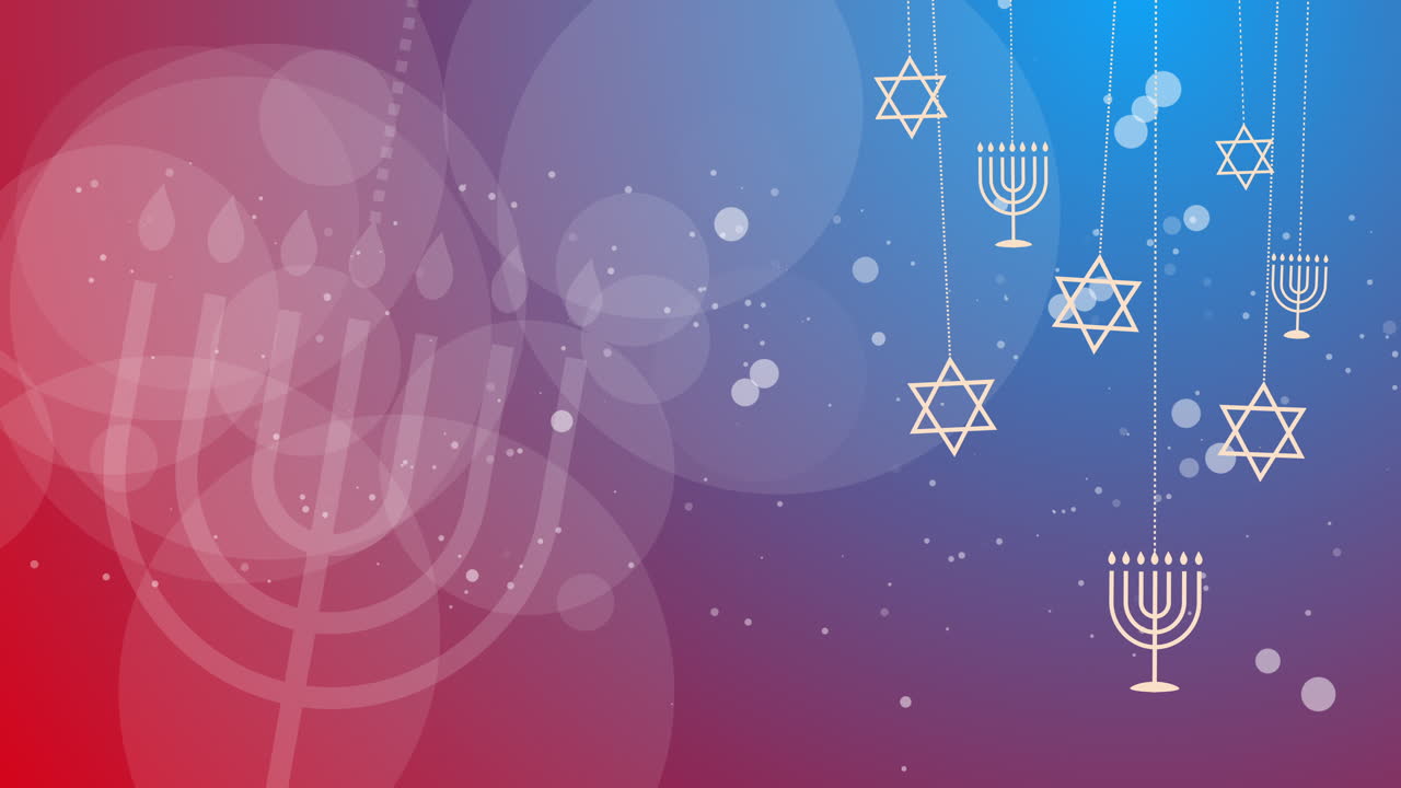 Jewish religious symbols menorah and star of david. Symbols of Judaism on blue and red abstract background. Looped video.