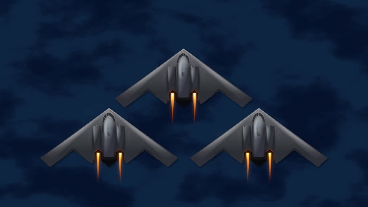 Tre bombardieri stealth volano in formazione triangolare attraverso un cielo notturno scuro e nuvoloso.