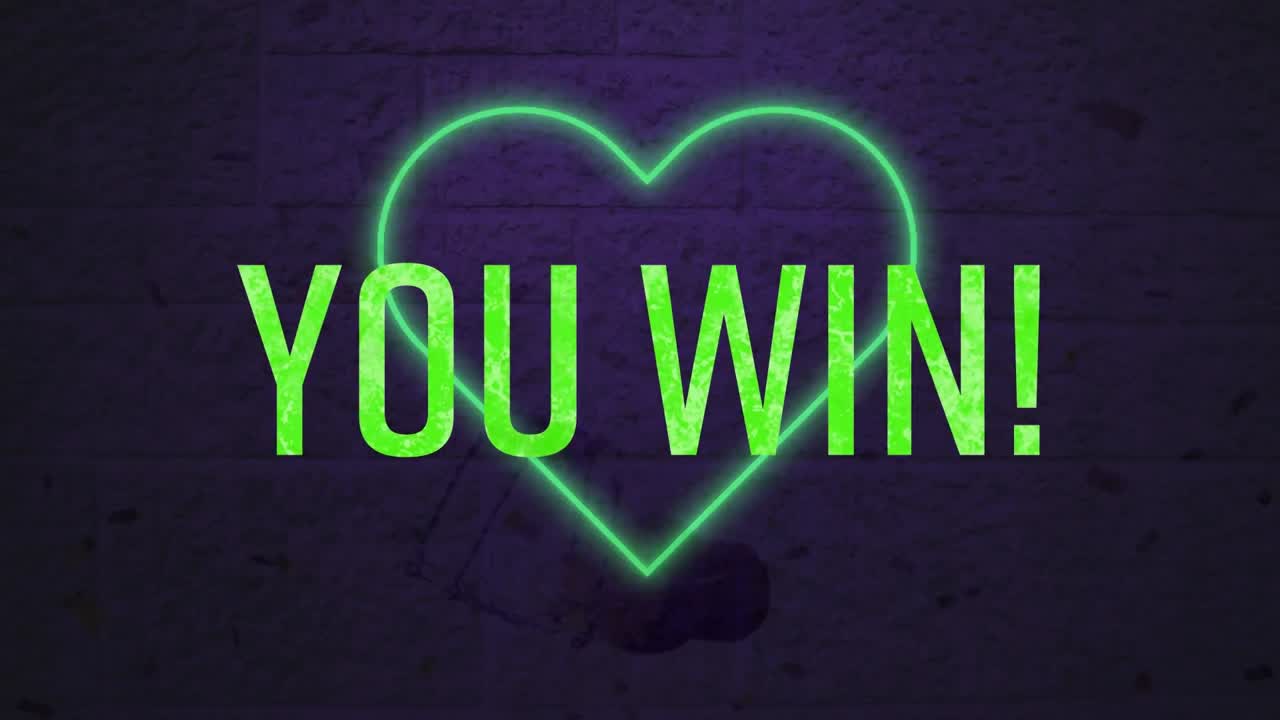 녹색의 애니메이션 당신은 네온 녹색 심장 아이콘을 통해 텍스트 배너를 승리 회색 벽돌 벽