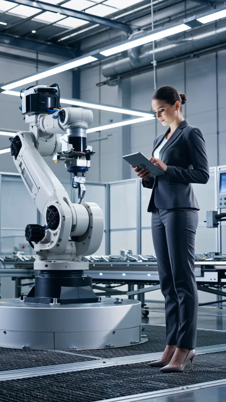 Female Engineer Overseeing Robotic Arm in a Modern Factory