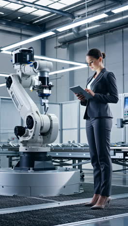 female engineer overseeing robotic arm in a modern factory