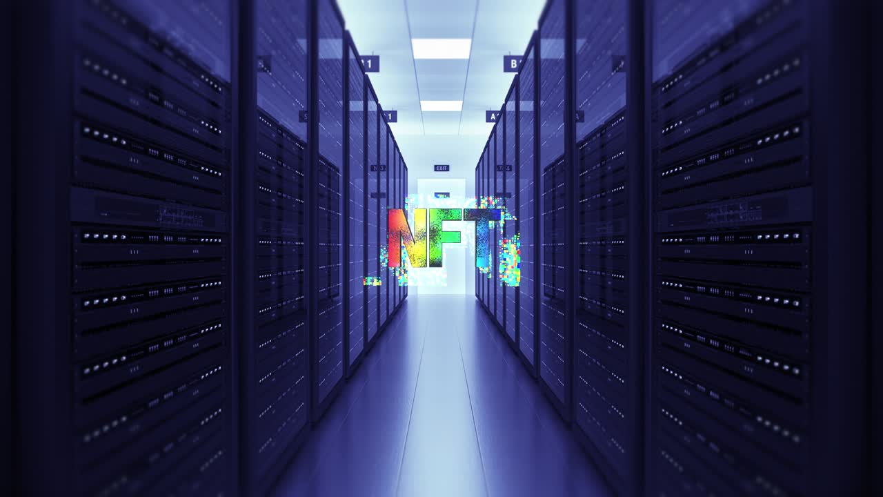 3D NFT Art Symbol In High Tech Server Room.