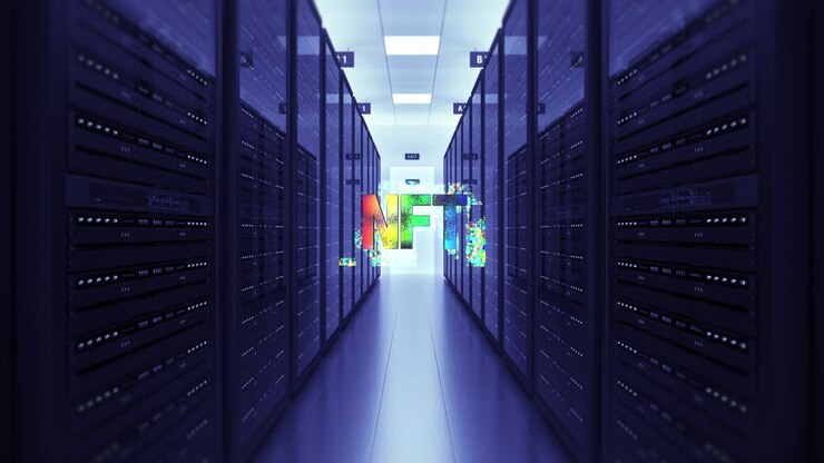 3D NFT Art Symbol In High Tech Server Room.