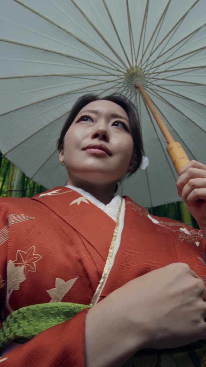 Woman in Traditional Japanese Kimono Under an Umbrella in a Bamboo Forest