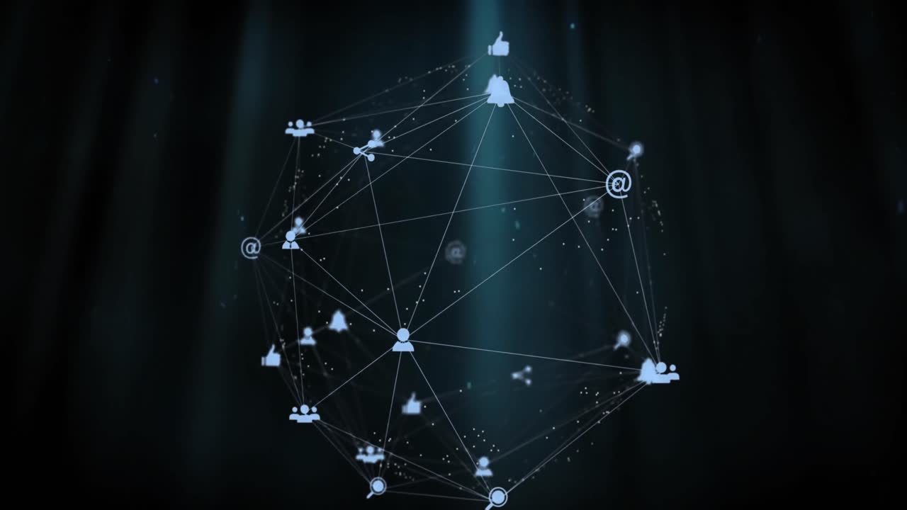 Animation of globe of digital icons spinning and blue light trails against black background