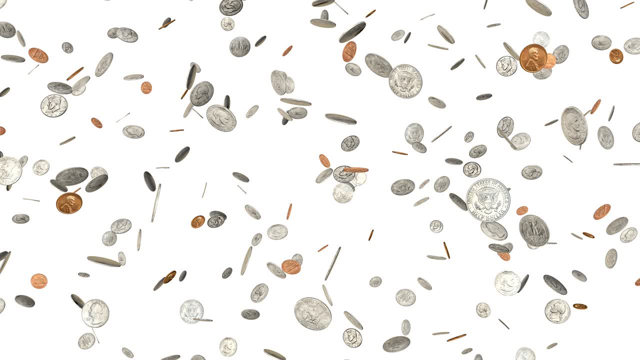 monedas de dólar y centavos cayendo sobre un fondo blanco. monedas de libra giratorias lloviendo