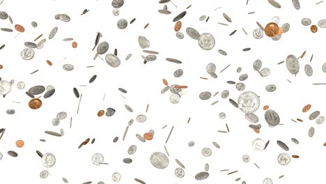 monedas de dólar y centavos cayendo sobre un fondo blanco. monedas de libra giratorias lloviendo