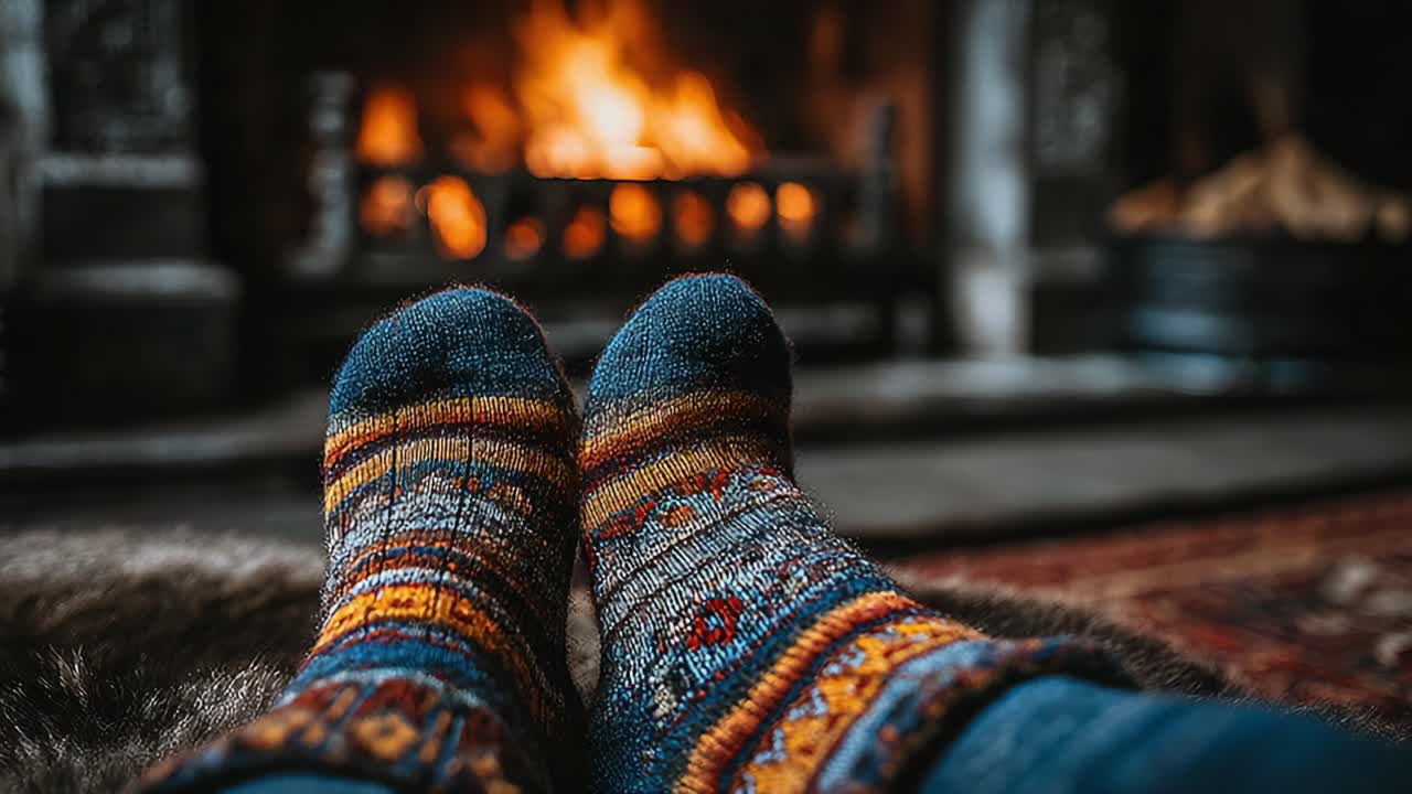 Cozy Moments by the Fire: A Heartwarming Scene of Colorful Knit Socks Relaxing in Front of a Glowing Fireplace, Perfect for Winter Evenings and Comfort Inspiration