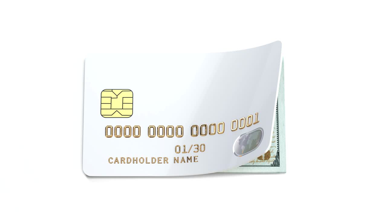 Carta di credito con banconote in dollari. Concetto di banking online o portafoglio, finanza e investimento. Animazione 3D in loop