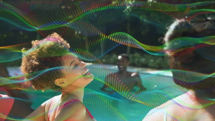Curly woman turning toward friend at pool, starting promo chat, waveform rippling across scene