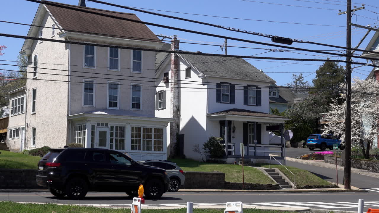 pequeños edificios y un árbol en flor, a lo largo de una calle en un pequeño pueblo en primavera