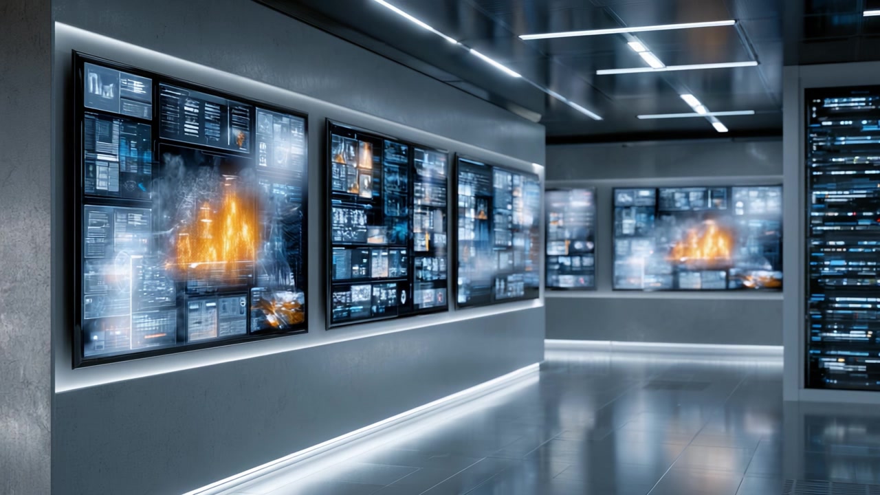 Una sala dati moderna e ad alta tecnologia che mostra analisi avanzate e dashboard in tempo reale su schermi multipli, catturando l'essenza della visualizzazione futuristica delle informazioni.