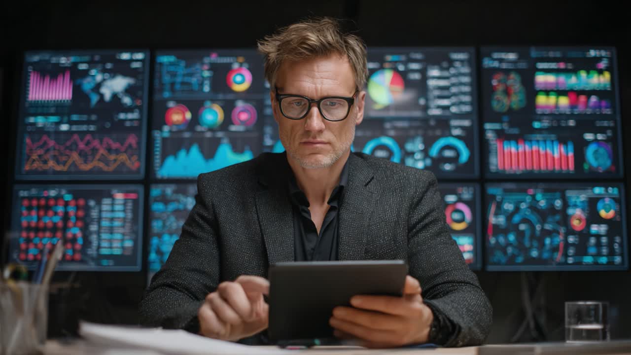 A Focused Professional Analyzing Data Insights on Digital Screens in a Modern Office Setup, Showcasing a High-Tech Work Environment and Analytical Skills