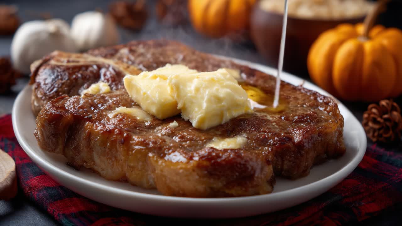 Savory Steak Delight: A Mouthwatering Plate of Juicy Grilled Meat Topped with Melting Butter, Perfectly Served Amidst Autumnal Decor
