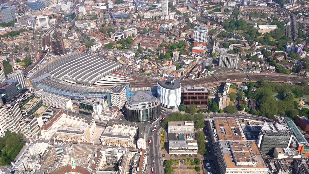 Aerial view from Waterloo railway station to Lambeth bridge, passing over Archbishop's Park, London UK