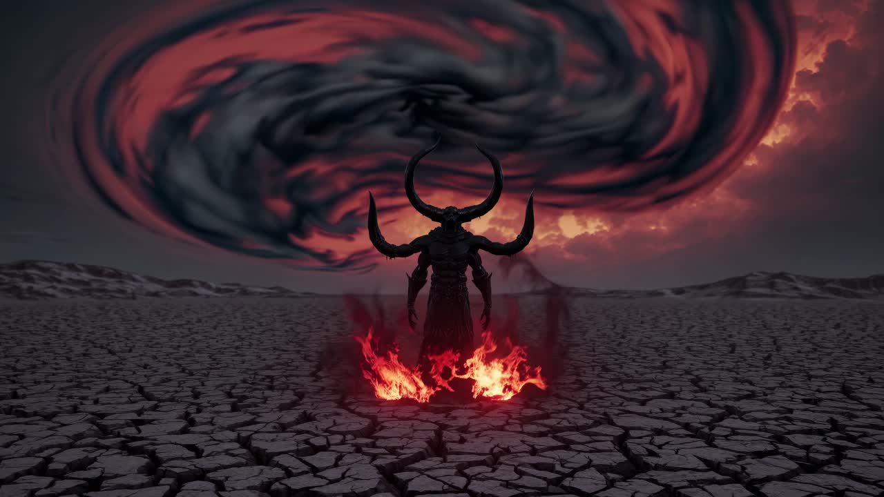 Epica inquadratura dal basso di una figura cornuta in un deserto arido, con cieli infuocati e vorticosi