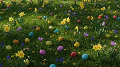 a colorful spring landscape of easter eggs and flowers in a lush green field, creating a joyful and festive atmosphere of renewal and celebration.