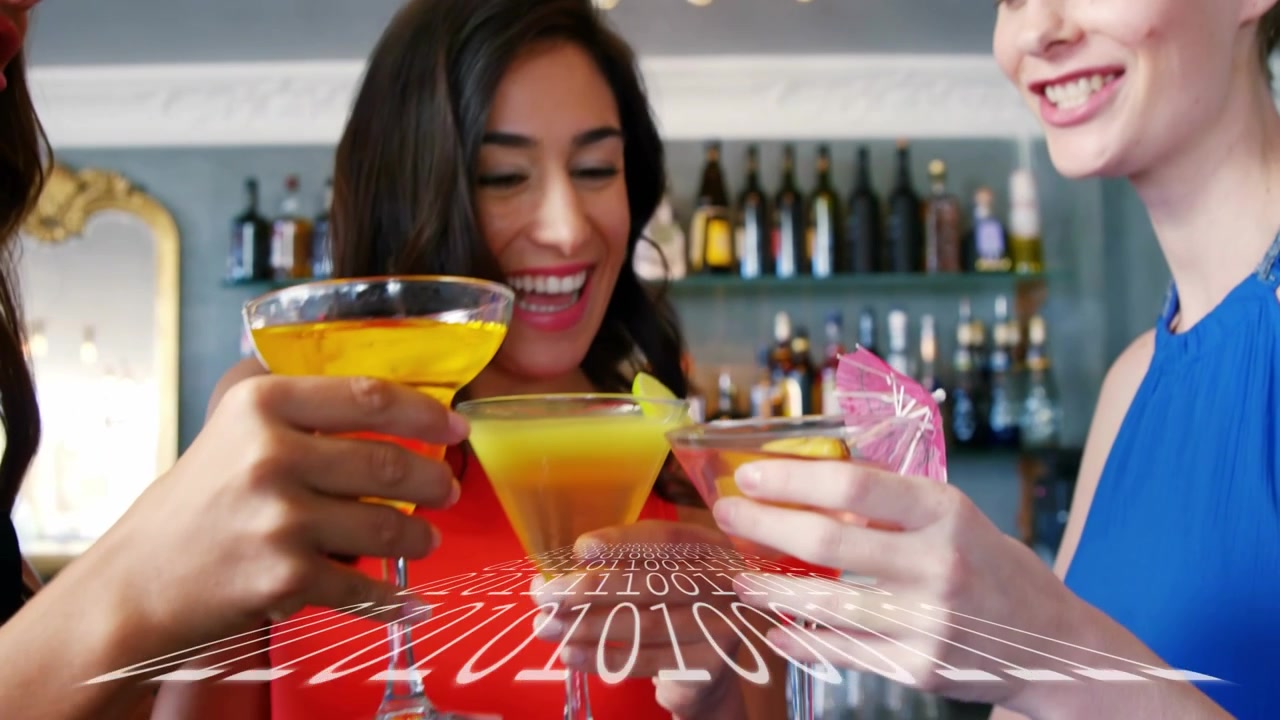 Three women seeing binary overlay focusing on bar drinks camera lowering lifting glasses cheering