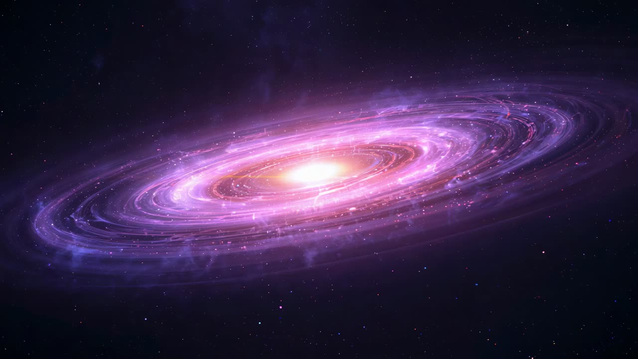 Panning, spiral galaxy rotating in space, core brightening, arms turning orange, showing color