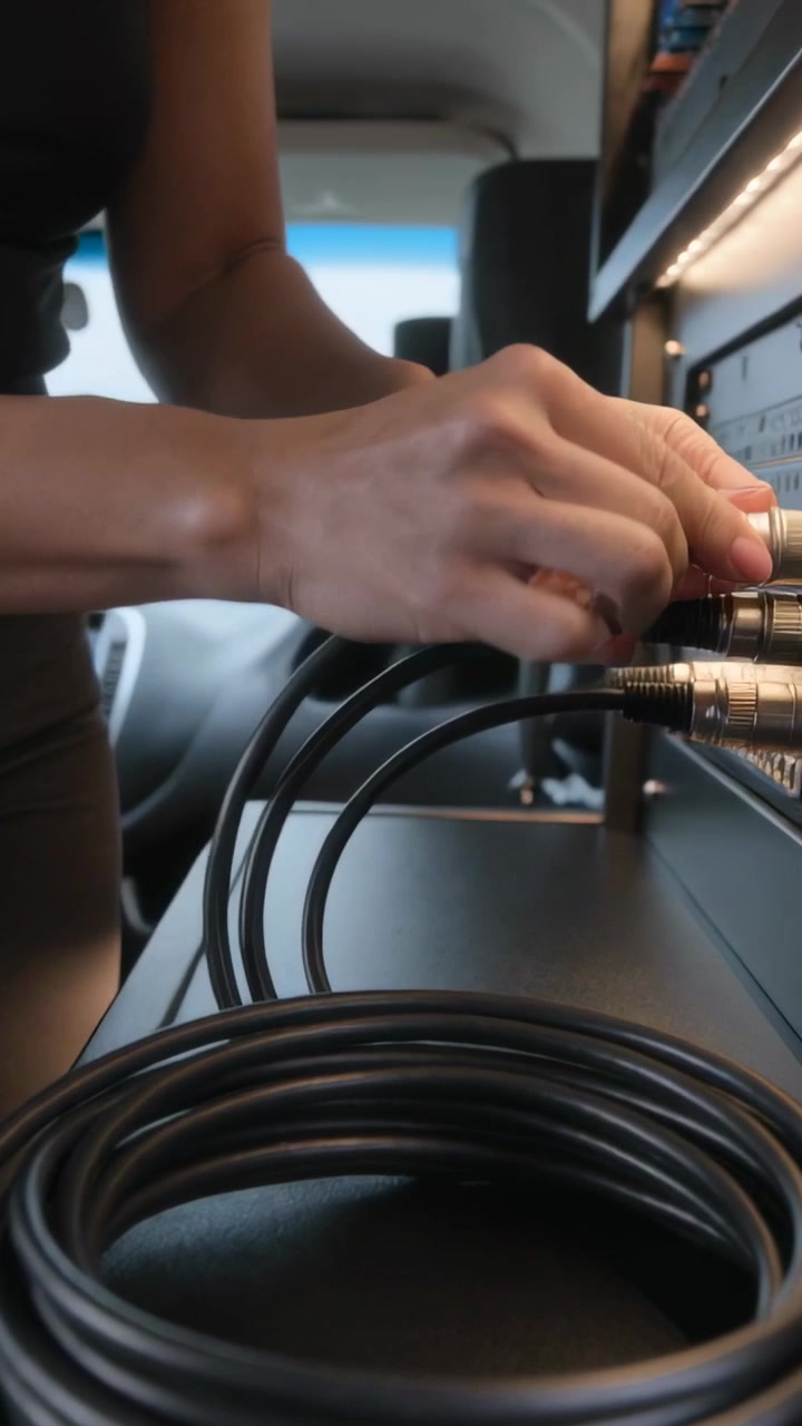 Vertical video: Noticing coiled cable, tech in black top plugging XLRs into van rack to patch audio