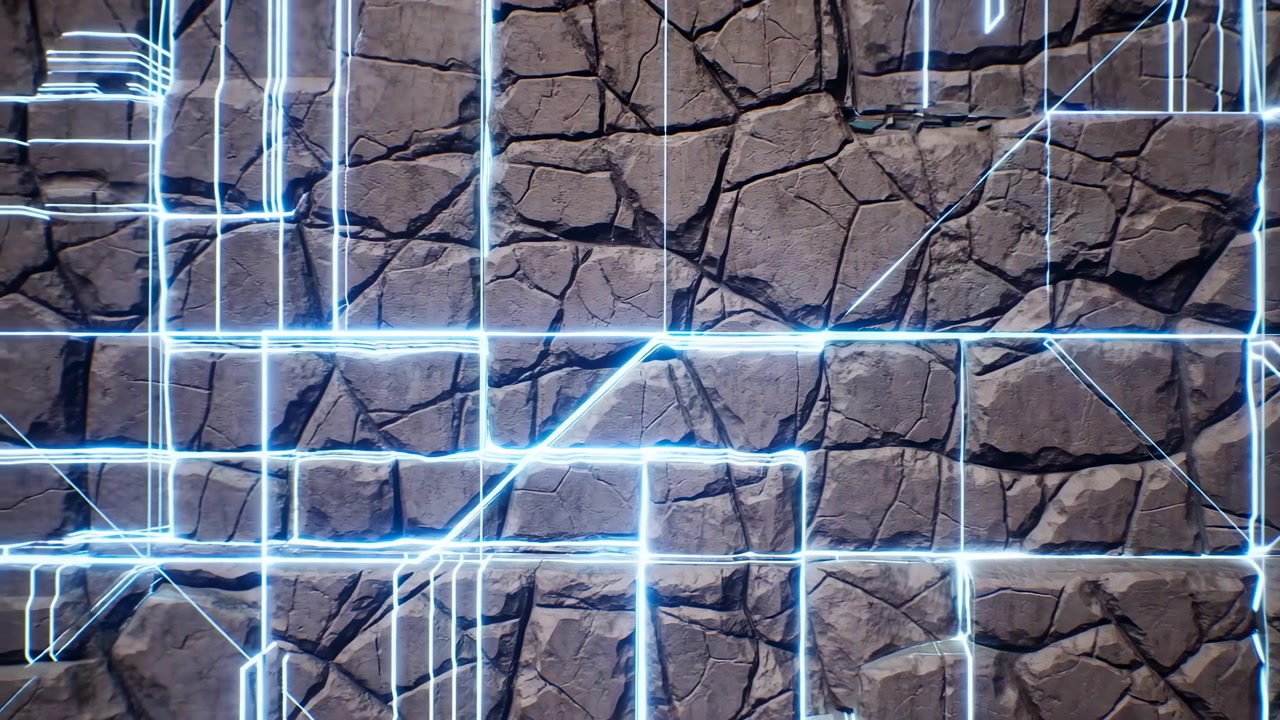 Abstract blue light lines and digital grid spread across a rough cracked stone wall with dark textured contrast