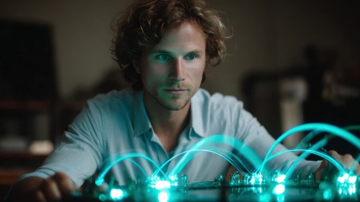 A focused individual examines a dynamic display of glowing blue light patterns emitted from a complex arrangement of electronic components, showcasing the interplay of technology and creativity