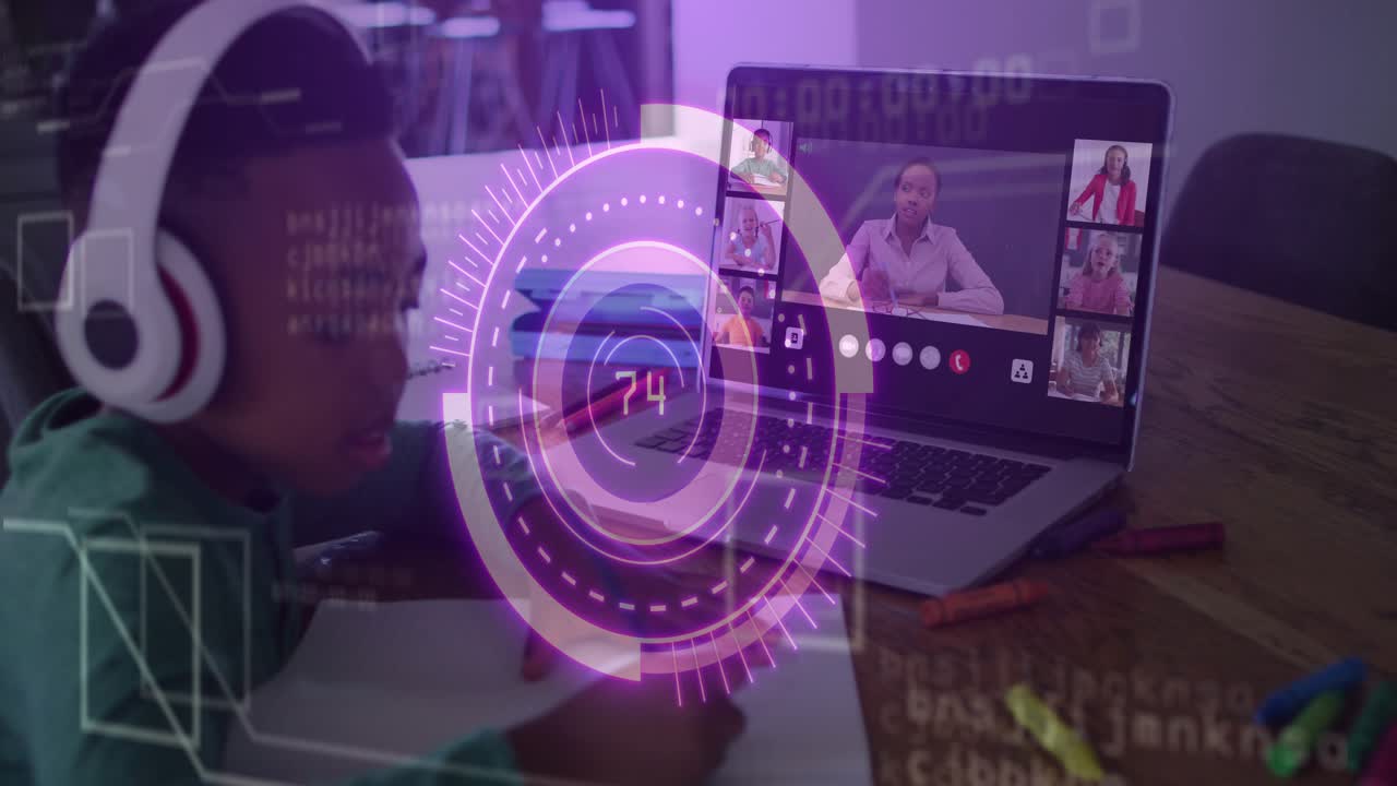 Student wearing headphones noting in class while teacher speaking on laptop, HUD overlaying center