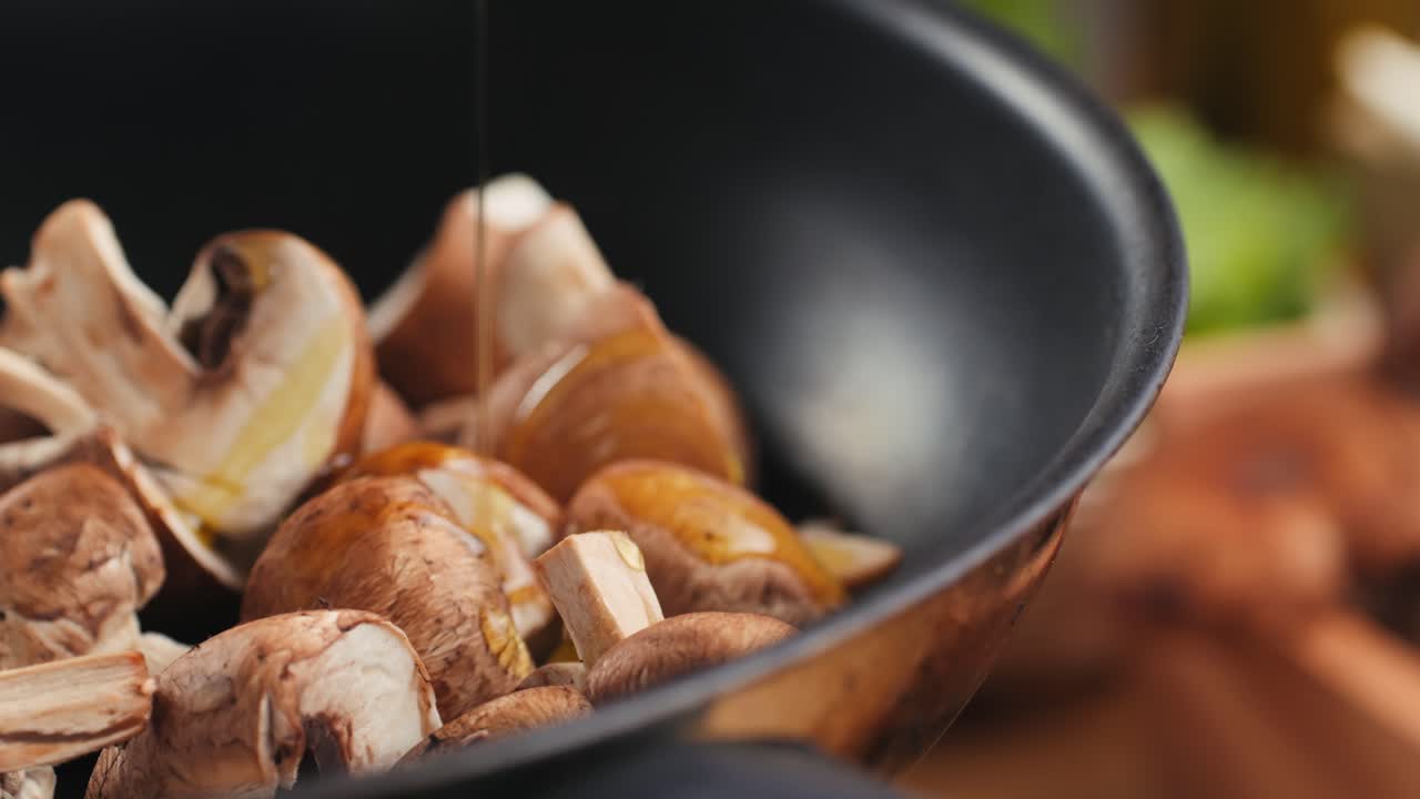 Sliced Mushrooms Frying in a Pan